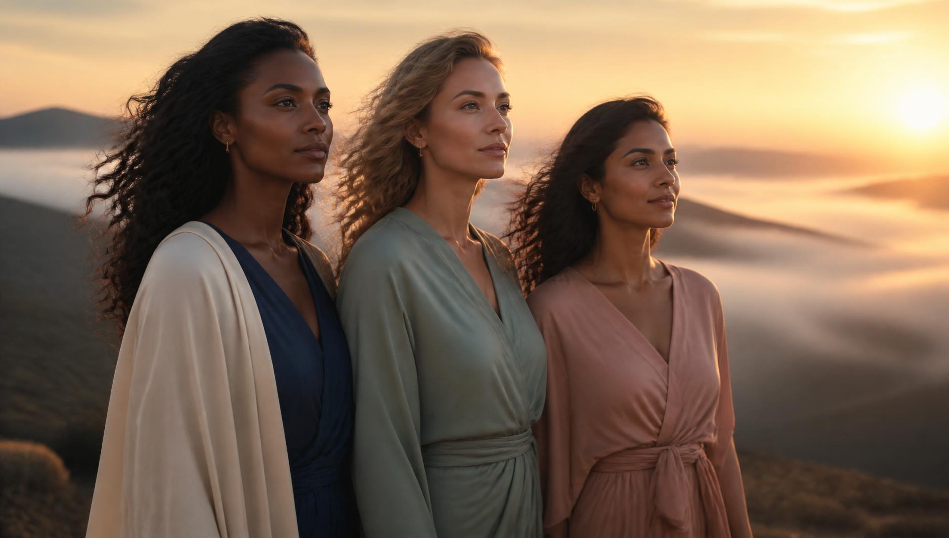 Three women standing together at sunrise